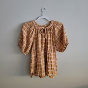 Loft Orange Plaid Puff Sleeve Top